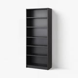 Black BILLY bookcase, 5-shelf, standing against a white wall. Simple, modern design for versatile storage.