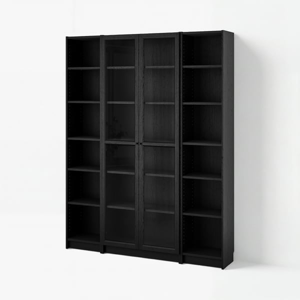 Black BILLY bookcase. Four sections with glass doors and open shelves. Modern, minimalist design.