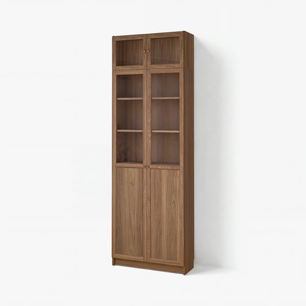 An IKEA BILLY bookcase in brown, featuring closed wooden doors with adjustable shelves inside.
