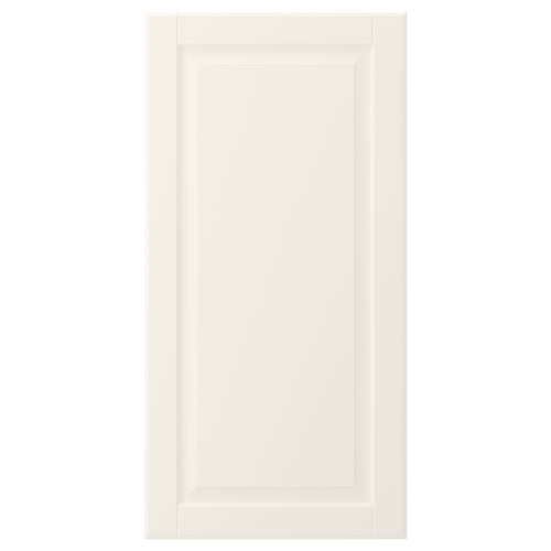 A BODBYN off-white cabinet door with a traditional bevelled panel design. It is made of fiberboard and has a smooth, easy-to-clean lacquered finish.