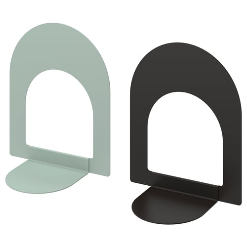 Two modern bookends, one light green, one black, arched shape, made of metal with epoxy coating.