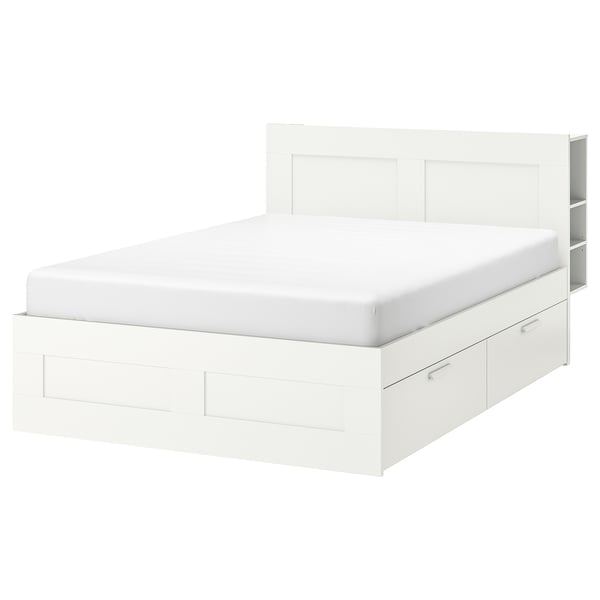 BRIMNES white bed: modern, storage-friendly bed with clean lines, drawers, and headboard shelves. Space-saving, adjustable design in white.