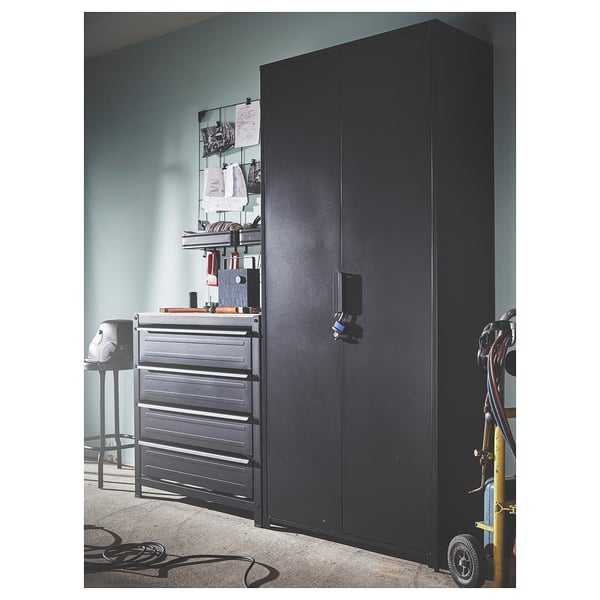 Black BROR steel cabinet with drawers, ideal for garage storage, handles clutter with robust, moisture-resistant design.