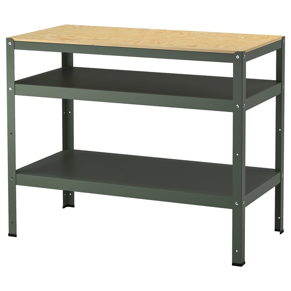 BROR work bench. Green metal base with wooden shelves; sturdy, versatile.