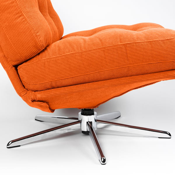 Orange corduroy swivel chair with five-legged chrome base and adjustable height.