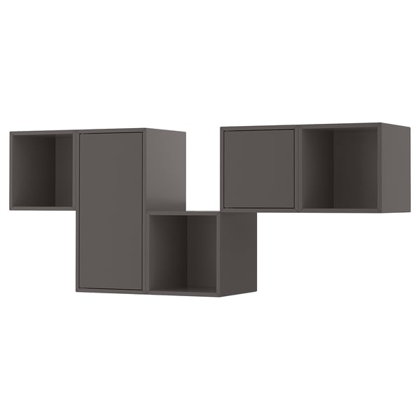 Set of dark grey wall-mounted cube shelves, minimalist design.