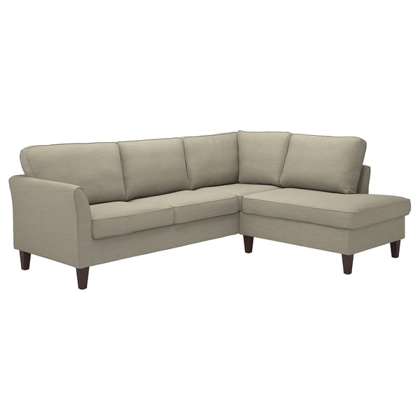Modern beige l-shaped sofa with rolled arms, wooden legs, and removable fabric cover.