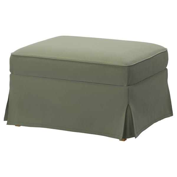 Green EKTORP footstool with cushion, square shape, soft fabric cover.
