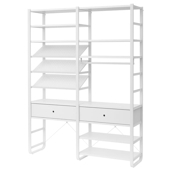 An ELVARLI white modular storage unit made of metal and particleboard with multiple shelves, drawers, and an open design.