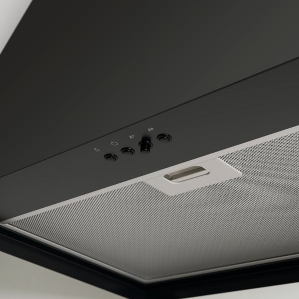 Black kitchen hood with touch controls and led light.
