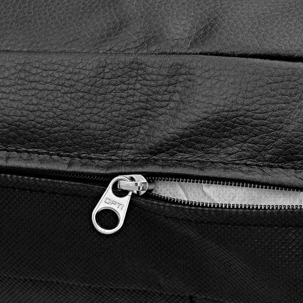 Close-up of durable coated fabric zip on sofa bed; opti brand pull.