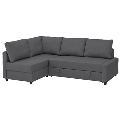 Dark grey FRIHETEN 3-in-1 sofa bed. Modern, l-shaped design with storage chaise longue.