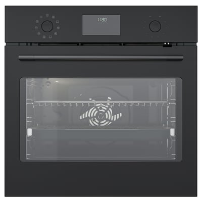 Black, modern oven with digital display and glass door, showing internal rack.
