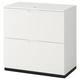 A white GALANT file cabinet with two drawers and a drop-file storage area. It a combination lock for secure storage and has a sleek, modern design.