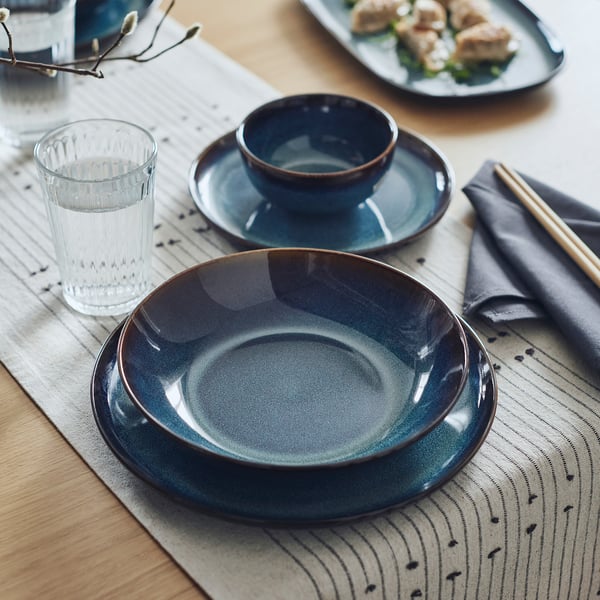 GLADELIG ocean-blue plate, stoneware, chopsticks, runner, glass.