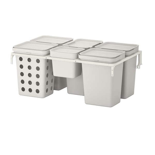 HÅLLBAR: white waste sorting bins - 5 with lids, 1 ventilated, mounted on steel frame for kitchen use.