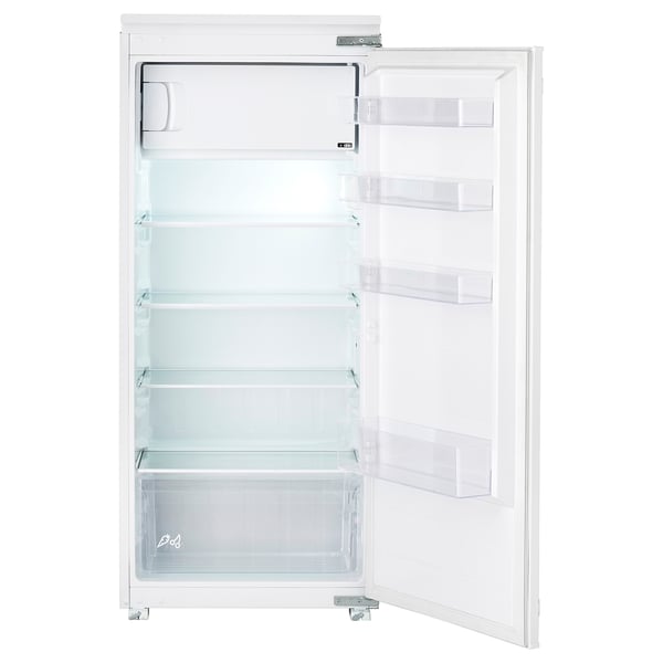 White HÅLLNÄS fridge, medium size with adjustable shelves, built-in design.