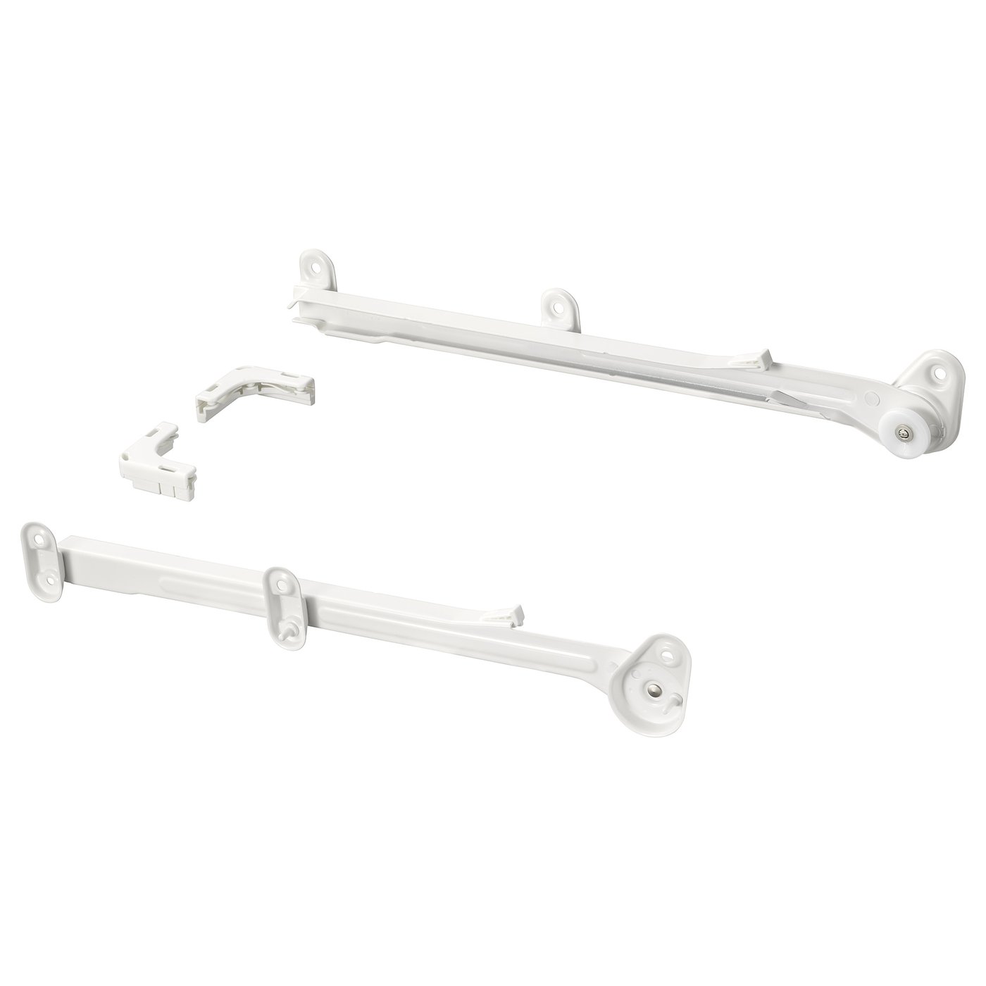 White HJÄLPA hardware set: two metal bars, hooks, and wheel, for organising.