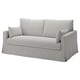 A HYLTARP light grey fabric convertible sofa with a soft, modern design, ideal for relaxation and easy transformation into a bed.