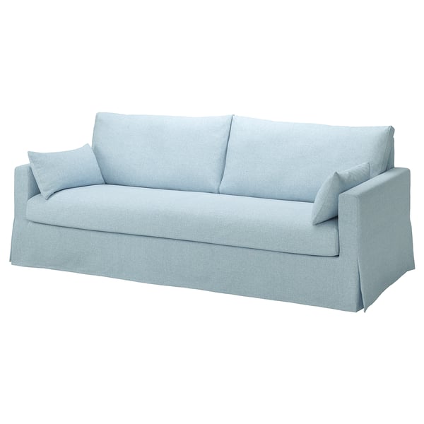 Light blue sofa, modern sleek design, here with two cushions, comfy fabric, clean lines.