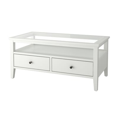 IDANÄS white coffee table with glass top, two drawers, wooden frame.
