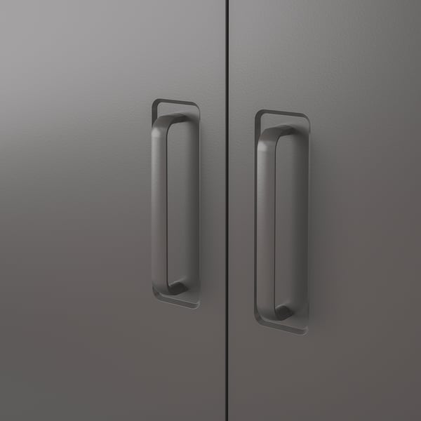 Dark grey metal drawer handles on smooth textured cabinet doors. Modern and sleek design, indicating high-quality craftsmanship.