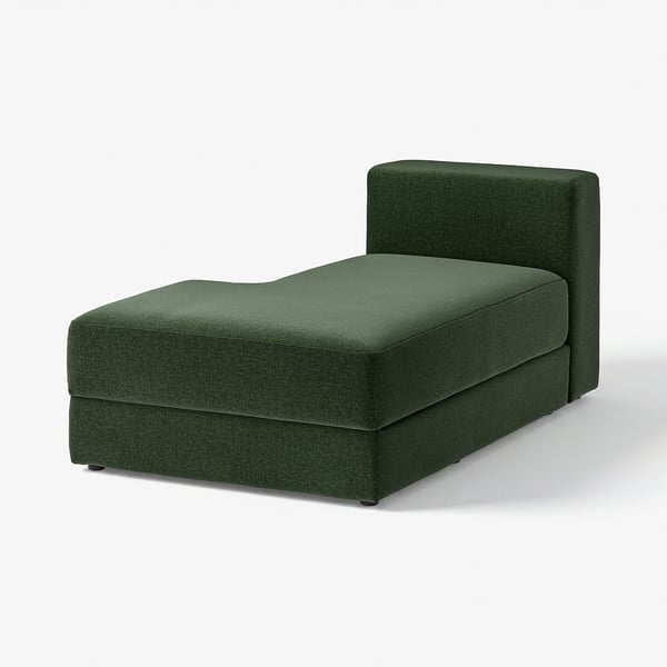 JÄTTEBO green sofa: a modular dark green sofa with a left chaise module, soft cushions, and built-in storage.