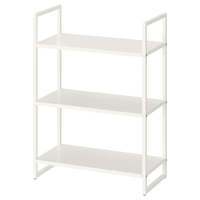 JONAXEL white metal shelving unit, modern minimalist design with three open shelves, ideal for any room.