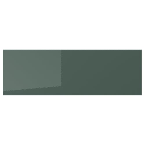 A rectangular, high-gloss drawer front in greenish-grey with sleek, straight lines.