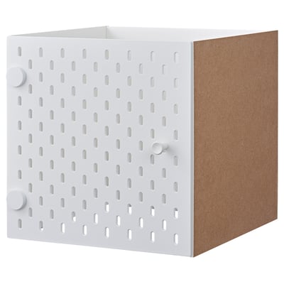 A white KALLAX cube storage unit with a perforated front and cork back, designed for organising items and pinning notes or photos.