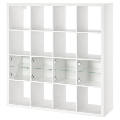 White KALLAX storage unit with glass doors, cubed design.
