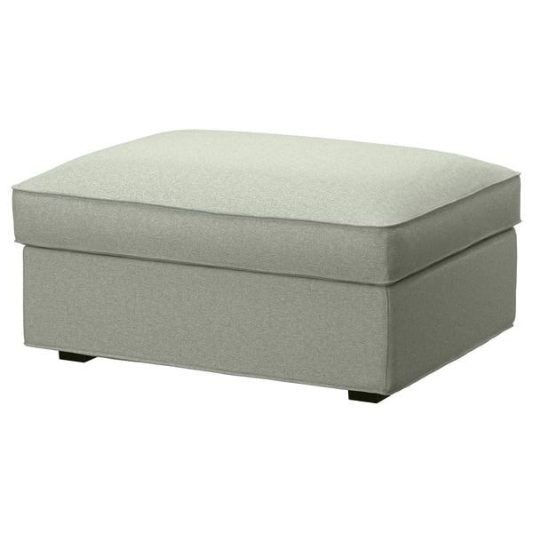 KIVIK grey fabric footstool, square, soft, upholstered, with hidden storage.