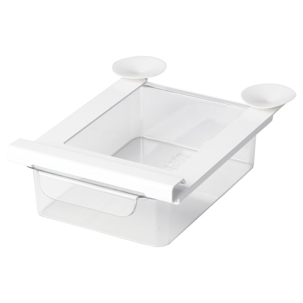 KLIPPKAKTUS: clear fridge organiser, white, plastic, rectangular, suction cups.