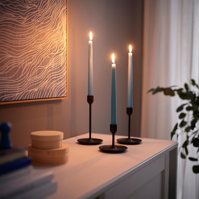 KLOKHET Unscented taper candle, pale blue, 25 cm 5.5 hr