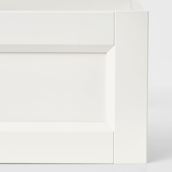 White drawer close-up; smooth, clean lines, quality materials.