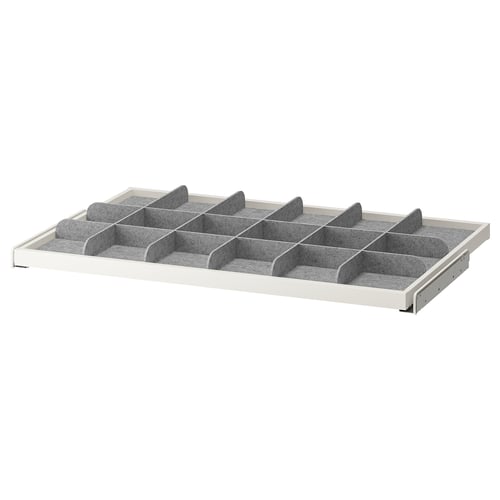 KOMPLEMENT pull-out organiser; grey, fabric-lined compartments, rectangular, neatly divides items.