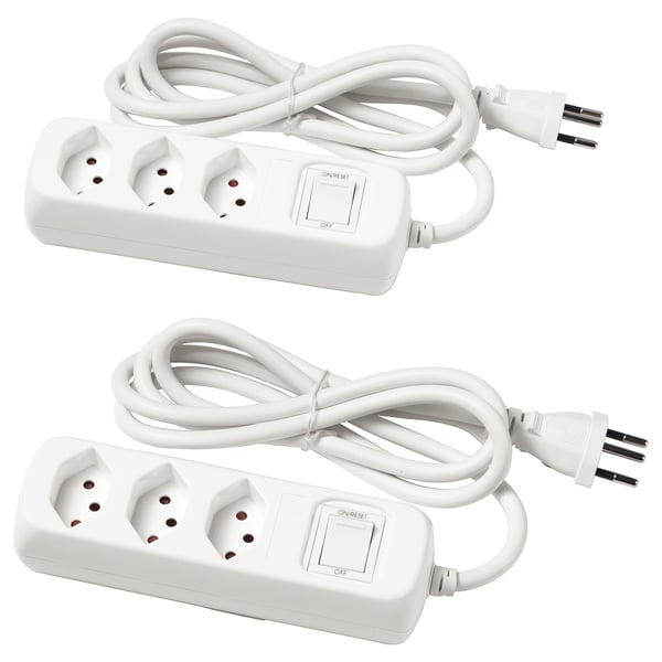 Two white KOPPLA power strips with 3 earthed sockets, plastic material, simple design, and 1. 5m cables.