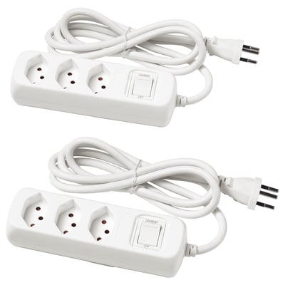 Two white KOPPLA power strips with 3 earthed sockets, plastic material, simple design, and 1. 5m cables.
