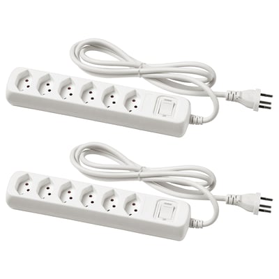 Two white KOPPLA power strips, each with 6 sockets, a switch, and a 1. 5m cable, arranged side by side.