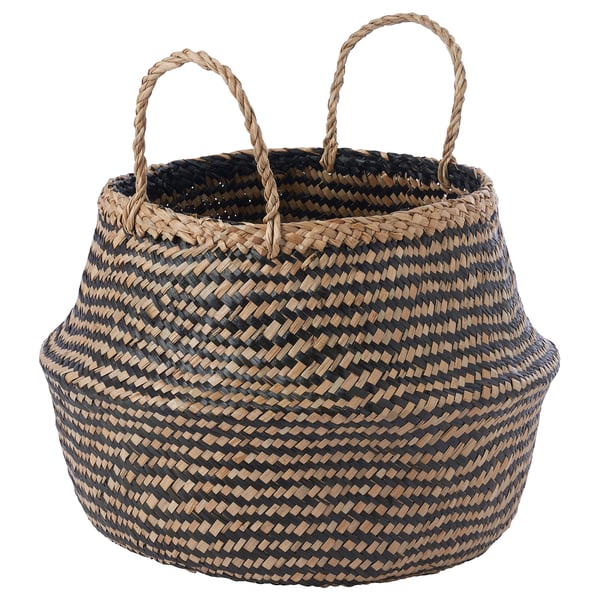 Handwoven KRALLIG basket, black and natural seagrass, round with handles, stylish storage.