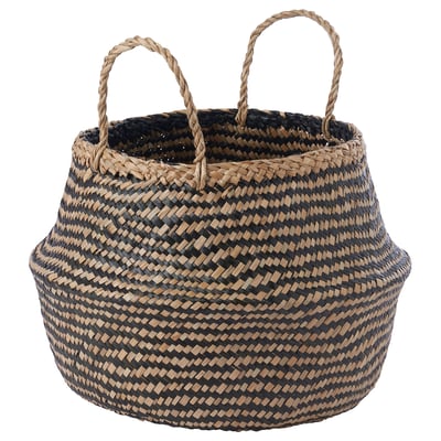 Handwoven KRALLIG basket, black and natural seagrass, round with handles, stylish storage.