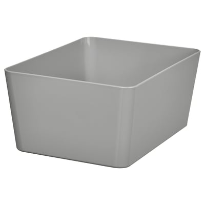 A grey KUGGIS box. It is square-shaped and made of 50% recycled plastic.