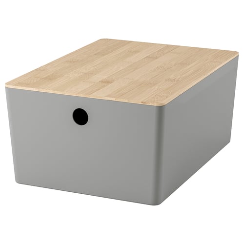 KUGGIS: grey box with wooden lid, round handle, stores items, stacks neatly.