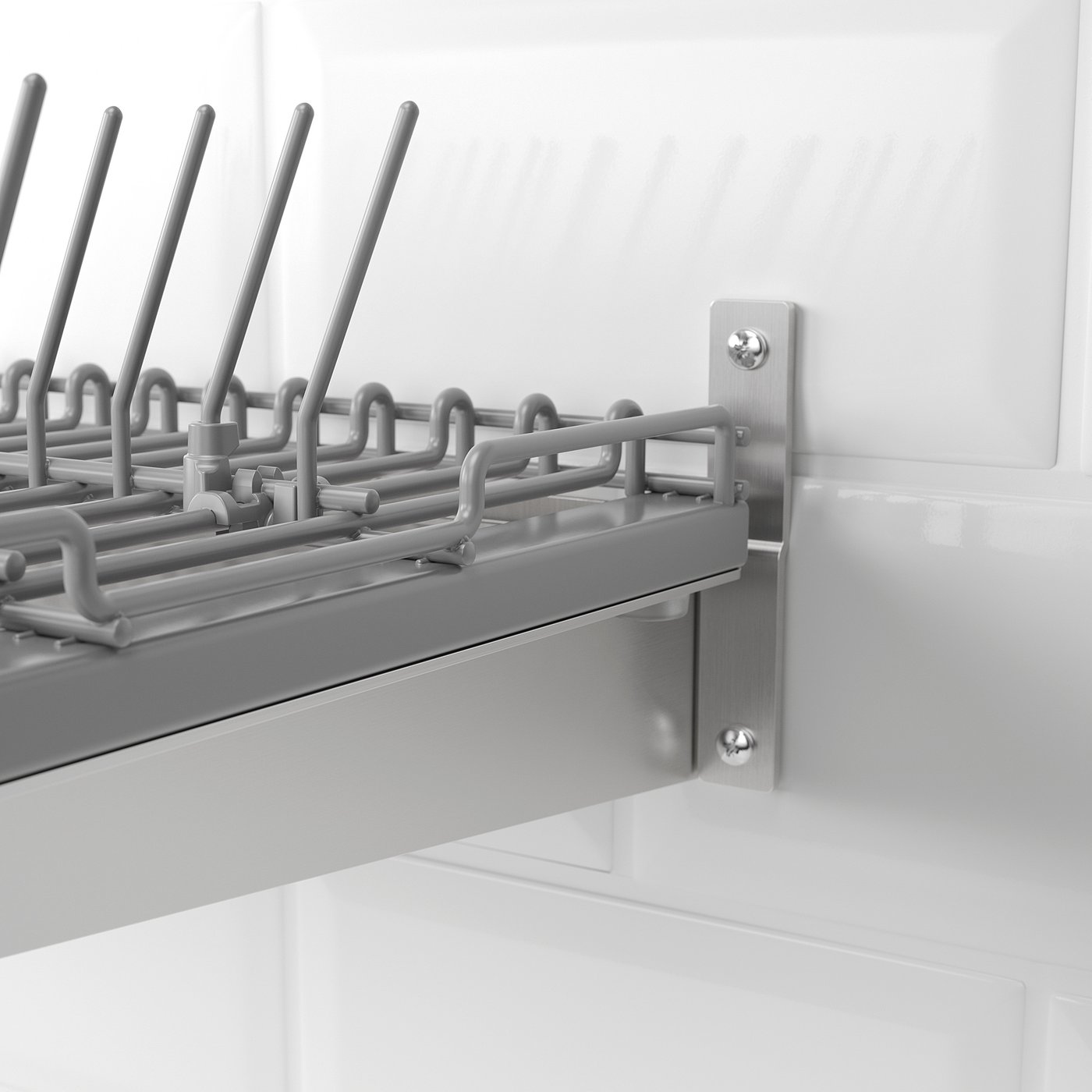 Stainless steel kitchen organiser securely mounted, featuring durable hooks and holders.