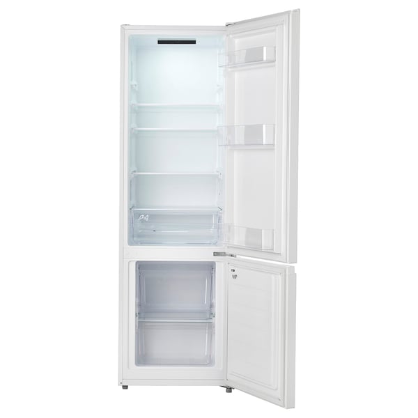 White freestanding refrigerator with adjustable shelves and led lighting.