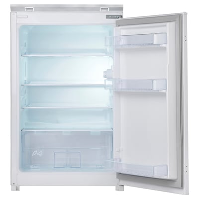 Open white refrigerator with clear shelves and compartments against a white wall.