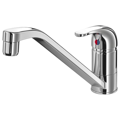 Chrome kitchen tap with sleek, curved design and shiny finish.