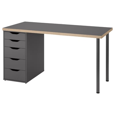 Modern grey desk with four drawers, sleek handles, and metal legs. Design a mix of grey and wood tones, ideal for a home office.