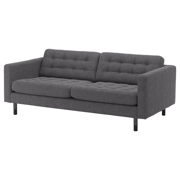 IKEAs grey landsgrona sofa dark wood legs, tufted cushions, and a modern, minimalist design.