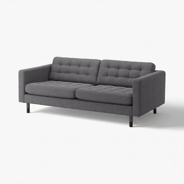 Modern grey fabric sofa with tufted back, wooden legs, sleek design.